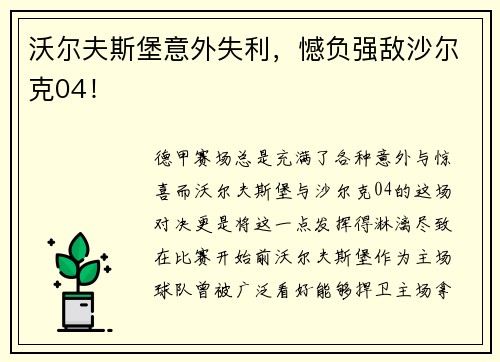 沃尔夫斯堡意外失利，憾负强敌沙尔克04！