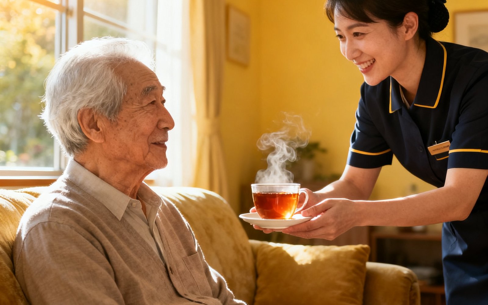 一位精神矍铄的银发长者坐在明亮客厅的沙发上，身旁的礼宾专员正微笑着递上一杯热茶，窗外阳光洒入，营造出安心舒适的居家康养场景。