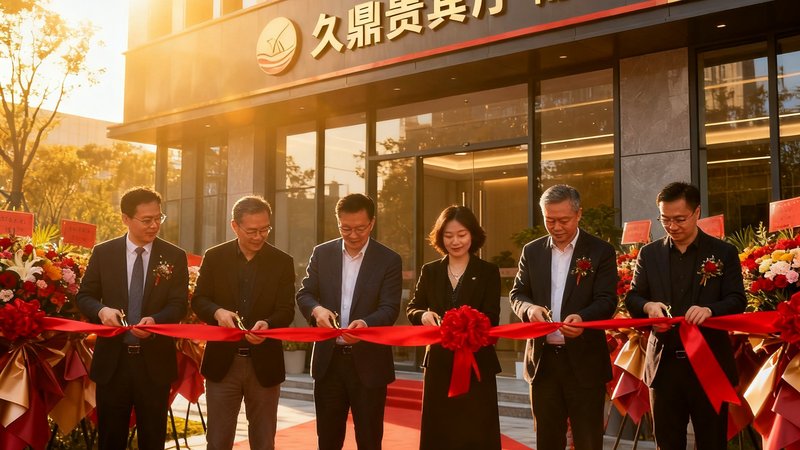 玖鼎贵宾厅南京分公司开业典礼现场，公司管理层与当地合作伙伴共同剪彩，背景是崭新的办公大楼。