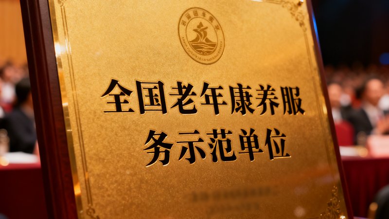 一块金色的奖牌特写，上面刻着全国老年康养服务示范单位字样，背景虚化可见颁奖典礼现场。