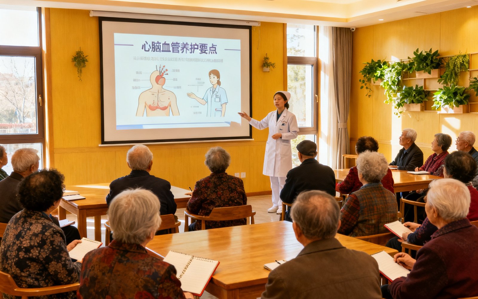 玖鼎贵宾厅的医护团队在北京一处高端养老社区的阳光活动室内为二十余位老年贵宾举办健康知识讲座，屏幕上展示着心脑血管养护的要点，老人们认真听讲并做笔记。
