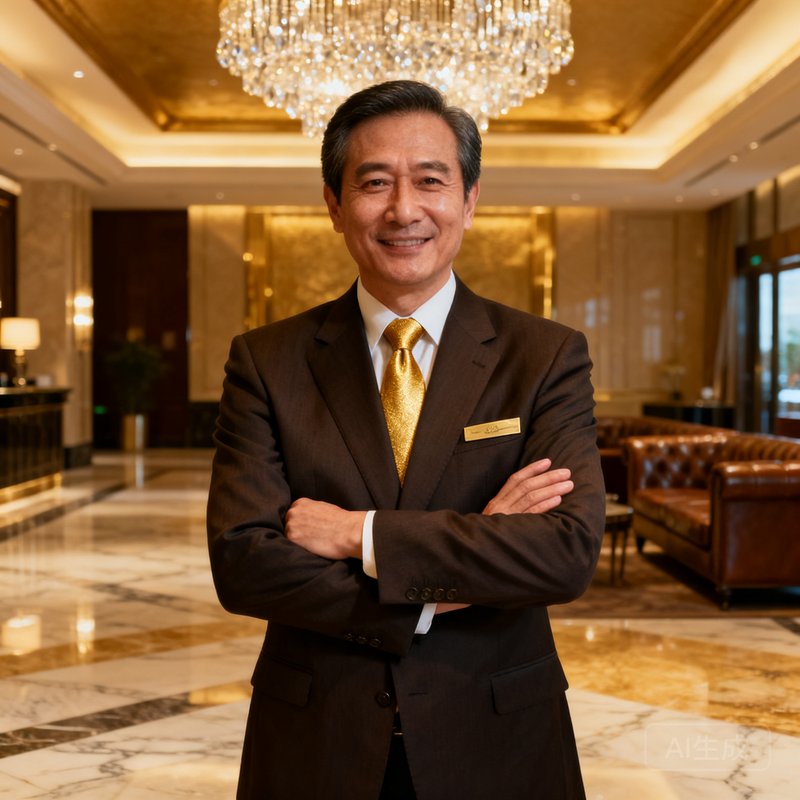 一位四十岁左右的男性礼宾总监，穿着深色西装搭配金色领带，双手交叉于胸前，神情自信从容，背景是高端酒店大堂。